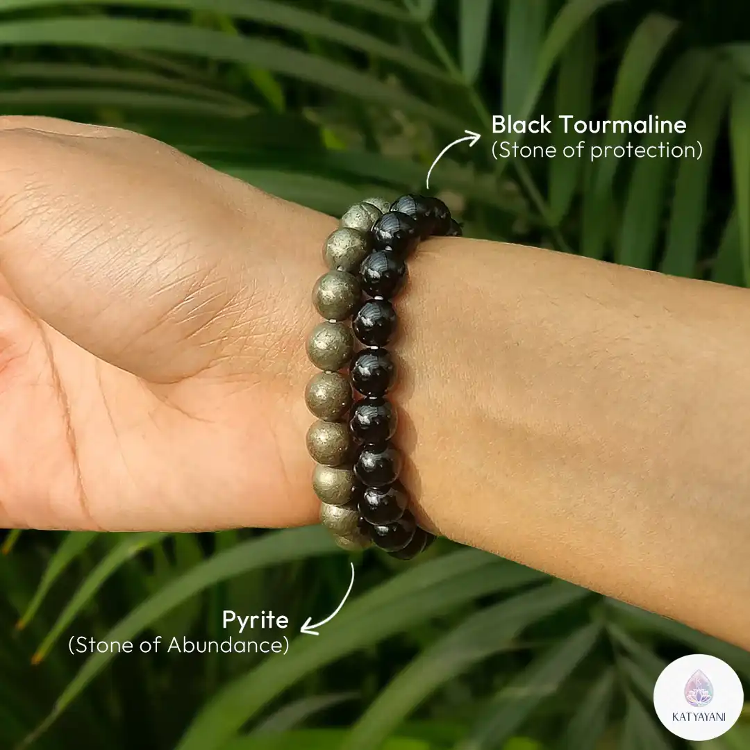 pre activated pyrite and black tourmaline bracelet combo (8mm). certified crystal bracelets for wealth, protection & grounding. buy online in the usa.
