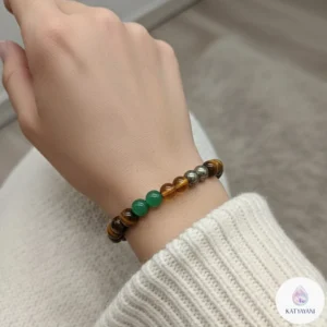 Pre-activated Money Magnet bracelet (8mm) with Citrine, Tiger Eye, Pyrite & Green Aventurine. Certified crystal bracelet for abundance & success.